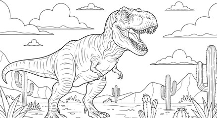 Fototapeta premium A dinosaur standing in a prehistoric landscape with mountains and clouds