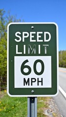 A green and white rectangular sign displaying "SPEED LIMIT 60 MPH" stands along a road with a blue sky background