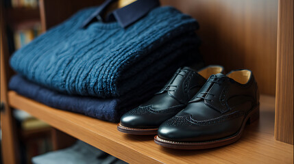 Elevated style:  Pair of classic leather shoes next to cozy knitwear, exuding refinement and warmth. Timeless fashion, quality materials, impeccable taste, and classic charm.