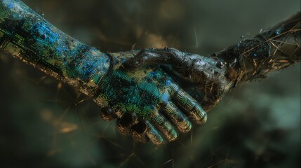Abstract visualization of a secure digital handshake between technological entities in a futuristic connection