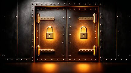 Abstract visualization of a secure digital vault with glowing padlocks and heavy metal doors