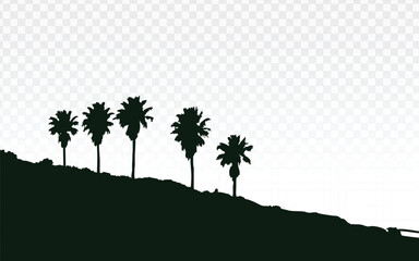 Black silhouette of palm trees on a sloping hill against a transparent background. Ideal for tropical travel branding, summer vacation promotions, beach event posters, and holiday designs.