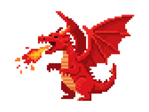 Fierce red dragon breathing fire in retro pixel art style