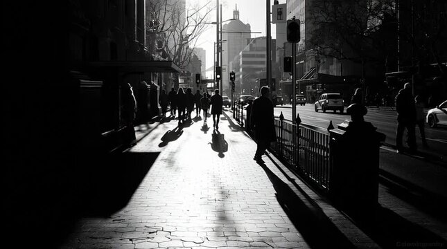 Street photograph of an everyday city scene shot in harsh midday sun, with deep shadows and strong contrast, rejecting golden hour aesthetics in favor of raw urban realism.
