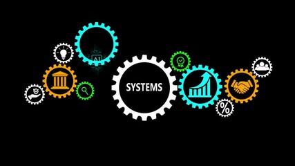 Interconnected gears symbolize business systems teamwork innovation finance growth and success with glowing neon outlines on black background
