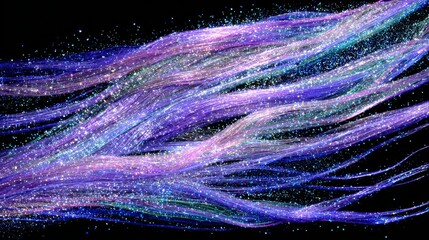 Abstract visualization of raw data flow rendered as shimmering, multicolored strands with sparkling glitter against a dark background