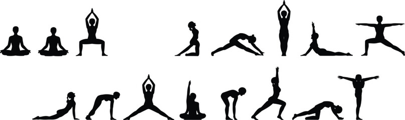 Yoga silhouette poses collection featuring meditation stretching balance flexibility wellness fitness practice illustration set