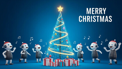 Merry Christmas Celebration with Cute Cartoon Robots, Glowing Tree, and Presents on Blue Background 3D Render