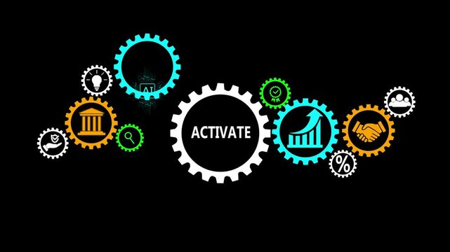 Animated gears with neon glow connect to form a system representing business growth strategy and activation featuring icons for teamwork innovation funding marketing