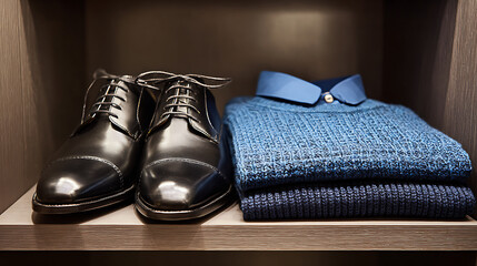 Elevated Style: Polished shoes pair with a neatly folded blue sweater and collared shirt, creating a sophisticated and timeless look within a dark wood closet.