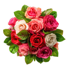 Obraz premium Vibrant Pink and Red Roses Bouquet with Green Leaves on isolated on transparent background