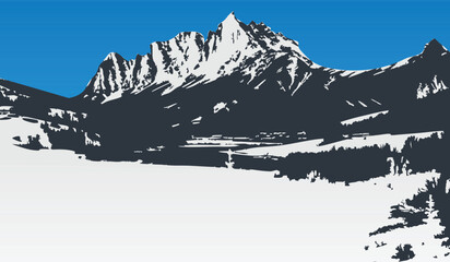 Jagged mountain range with sharp snow-capped peaks beneath a clear blue sky, rendered in a clean flat style, ideal for outdoor branding, travel posters, adventure sports logos, and nature-themed