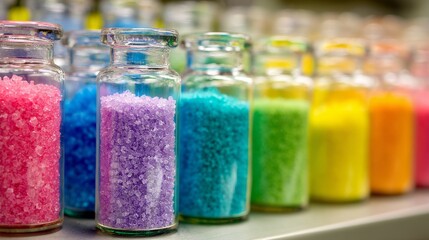 An assortment of small clear glass vials holding colorful granular substances in a laboratory setting, showcasing a vibrant collection of ingredients for research or pharmaceutical use.