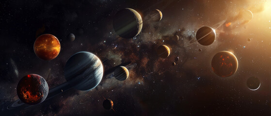 A chaotic planetary system with burning worlds and asteroids symbolises the climate crisis — a striking backdrop for scientific publications about space.