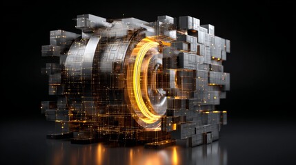 Abstract visualization of a secure digital vault with glowing technological elements and complex data streams