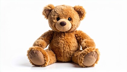 Obraz premium Light brown plush teddy bear with darker brown nose and paw pads sitting upright on white background.