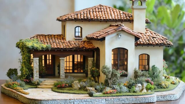 Miniature model of a Mediterranean-style house with terracotta roof.