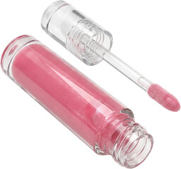 Pink glossy lip gloss with applicator wand isolated on white background