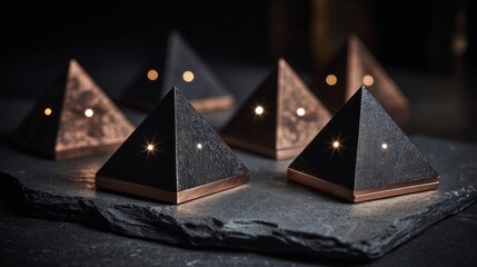 Arrangement of dark metallic pyramids with glowing lights creating a modern abstract geometric display
