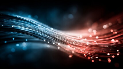 Array of Luminous Fiber Optic Strands Weaving Through Digital Space With Glowing Particles