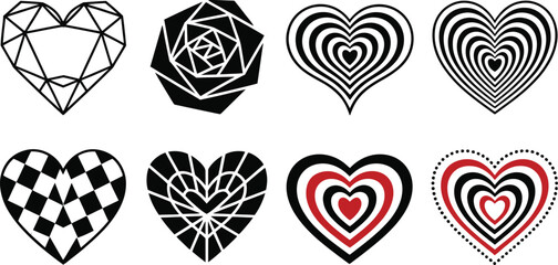 Eight Abstract Geometric Heart Designs Black White Red