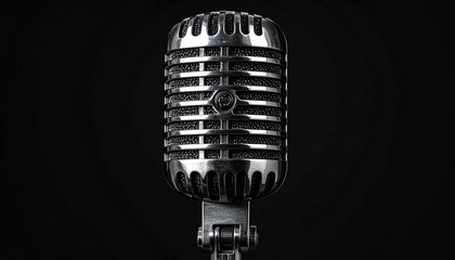 Classic silver microphone with metallic grille and cylindrical body set against black background.