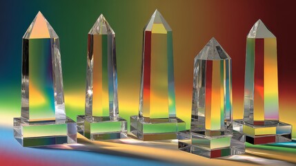 Array of perfectly formed transparent geometric crystal prisms refracting light and showcasing vibrant spectrum colors on a colorful gradient background