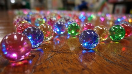 Array of perfectly spherical glass marbles in a spectrum of colorful lights reflecting on a wooden surface