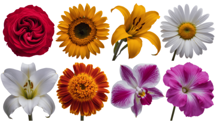 Vibrant collection of eight flowers isolated on transparent background