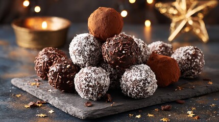 Artisanal Chocolate Truffles Dusted with Powdered Sugar and Sprinkles on a Slate Board