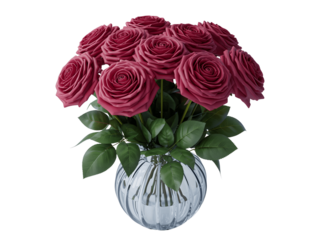 A bouquet of dark red roses in a crystal vase isolated on transparent background
