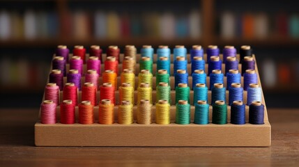 Array of vibrant colored spools of thread meticulously organized on a wooden stand