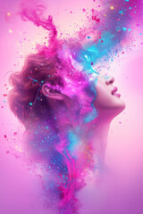 A surreal portrait of a young man releasing vibrant clouds of color, symbolizing creativity, imagination, emotional freedom, and the power of inner expression.
