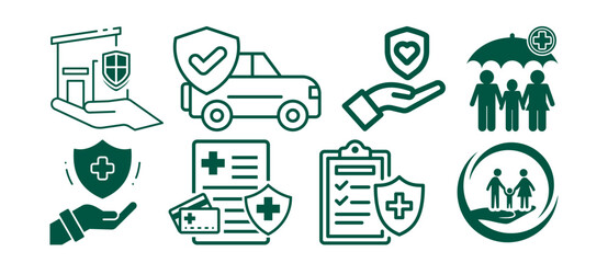 Set of insurance and protection icons for home, car, health, life, and family coverage, green line art style