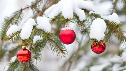 Red ornaments on snowy pine branch