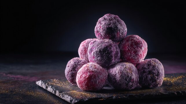 Artisanal Chocolate Truffles Dusted with Powdered Sugar Stacked on a Slate Surface