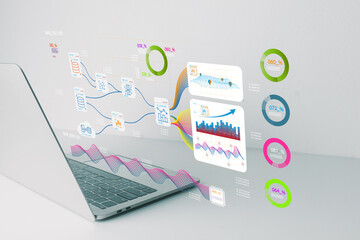 Laptop displaying holographic business data analytics, flow charts, and financial graphs. Concept of big data science, digital marketing strategy, and corporate technology statistics.