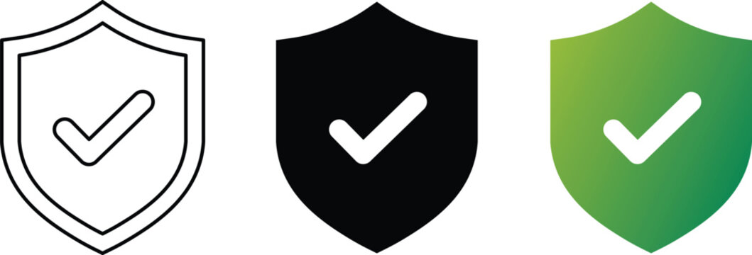 Three shield with checkmarks one outline one solid black one green gradient security protection