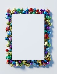 Centered Blank Christmas Card Surrounded by Festive Ornament Wreath Forming a Rectangular Frame