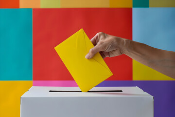 Hand inserting bright yellow envelope into voting box against colorful background