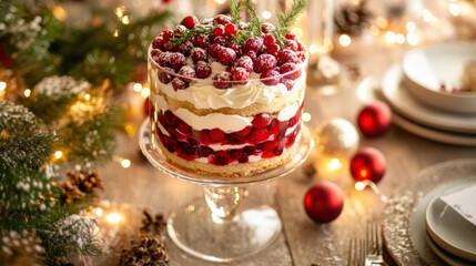 Christmas-themed table centerpiece featuring a layered trifle dessert with red berries, cream, and cake, surrounded by twinkling lights and festive baubles 