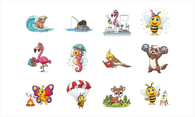 Cute Cartoon Animal Characters in Fun Activities &ndash; Kids Friendly Vector Illustration Set