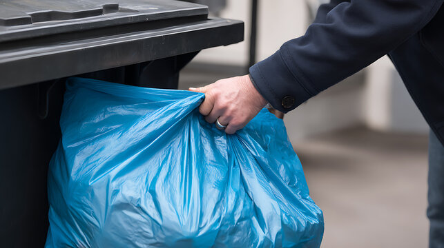 Person disposing of household waste into a black bin. A blue plastic bag overflowing with rubbish is lifted, showcasing a commitment to cleanliness and responsible waste disposal.