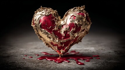 Crimson Gold Heart Dripping Blood Metallic Splatter on Textured Stone Surface