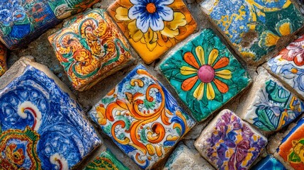 Assortment of vibrant hand-painted ceramic tiles with intricate floral and geometric designs