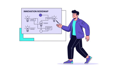 Fototapeta premium illustration of a young man presenting a innovation roadmap with flowchart and lightbulb icons for