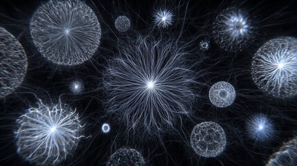 Intricate abstract data visualizations rendered as complex wireframe structures emitting light on a dark background, showcasing scientific complexity and digital artistry.