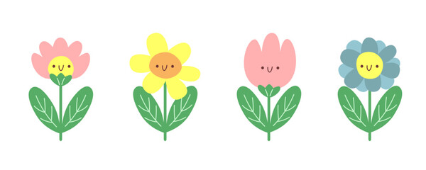 Cartoon Flowers with Happy Faces. Whimsical Floral Illustration for Kids, Seasonal Decorations, Greeting Cards and Nature-Themed Artwork
