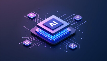Futuristic AI Microchip Illustration with Glowing Circuit Technology