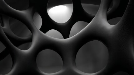 Intricate geometric wireframe structure with organic curves and smooth surfaces, illuminated by dramatic lighting